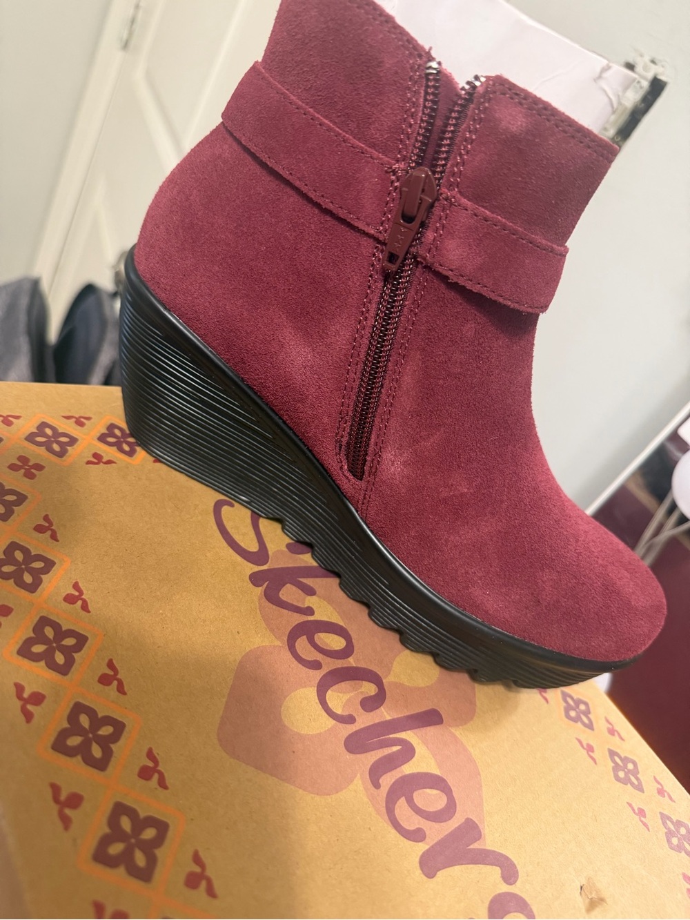 Skechers Women's Wine Suede Wedge Ankle Bootie
